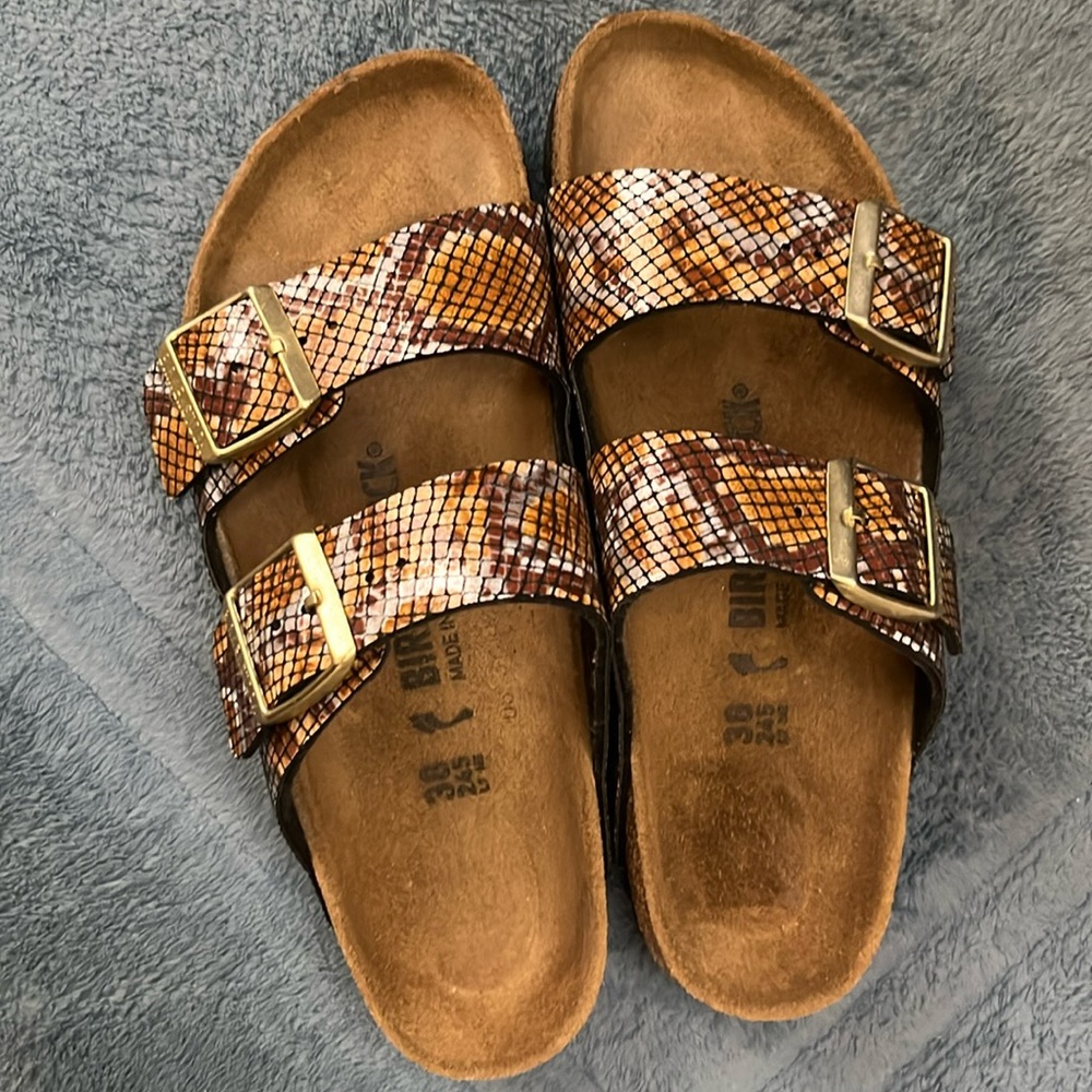Brown Snake-Print Arizona Birkenstock Sandals size 38